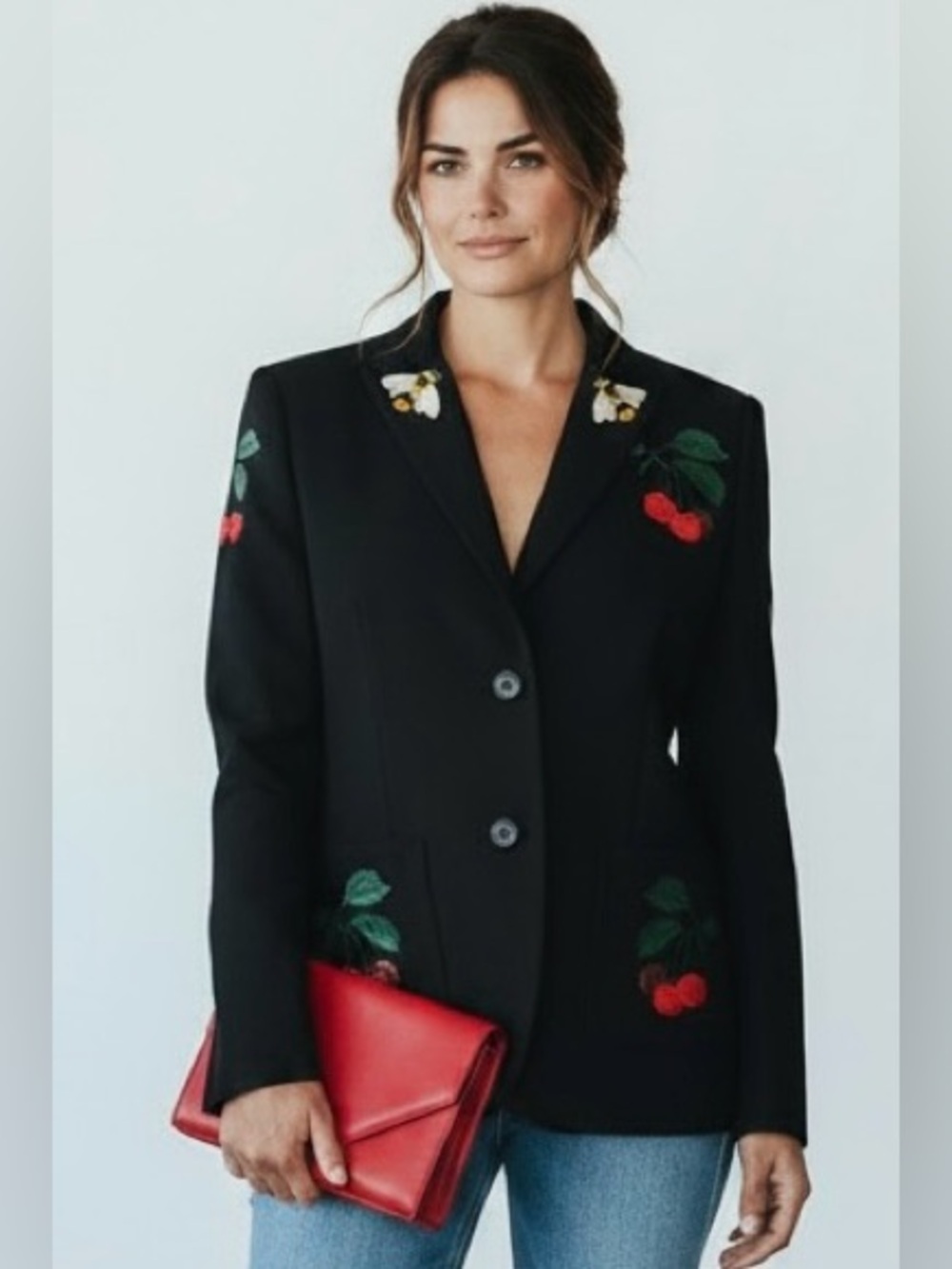 RED Valentino Black Cherry Bee Embroidered Blazer Jacket Size IT 44 / US 8